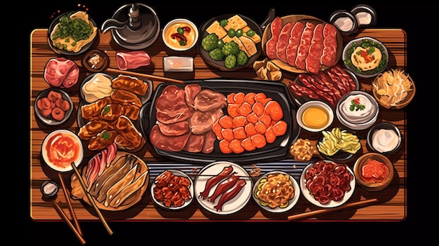 A table full of food including meat, vegetables, and meat.