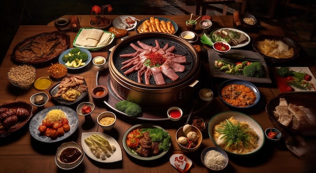 A table full of food including meat vegetables and other food