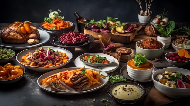 A table full of food including meat, vegetables, and sauces.