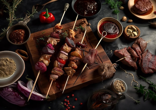 A table full of food including meat and vegetables.