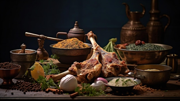 A table full of food including a meat and vegetables.