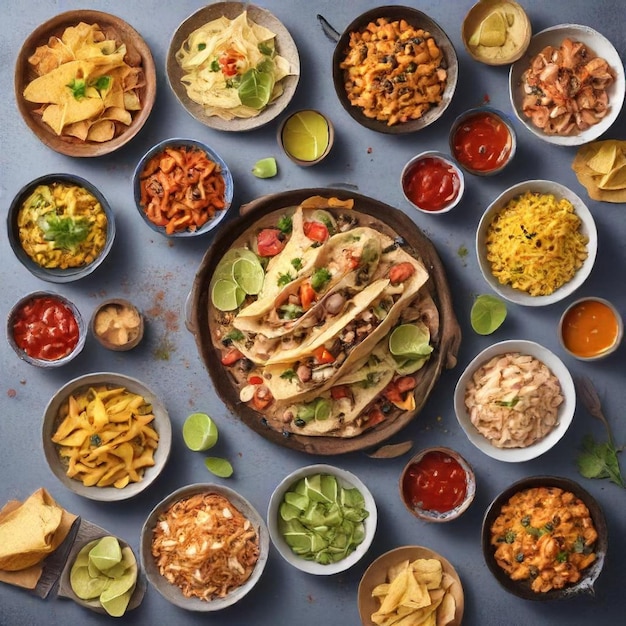 a table full of food including nachos chips and salsa