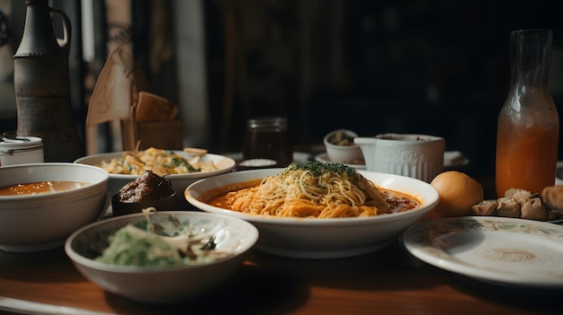 A table full of food including noodles, meat, and other dishes.