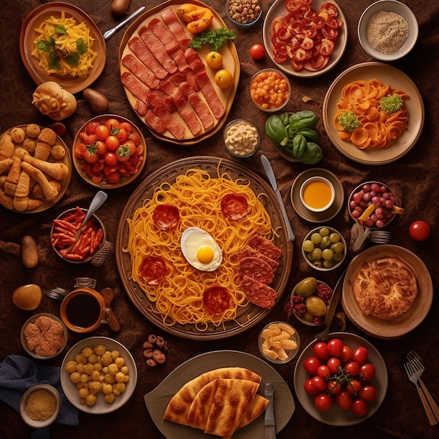 A table full of food including pasta, olives, and other foods including a pasta dish.