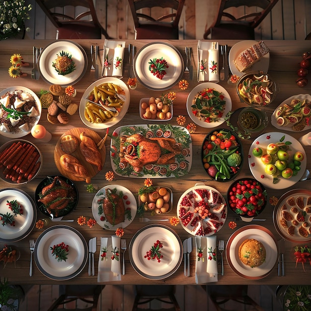 a table full of food including a picture of a christmas scene