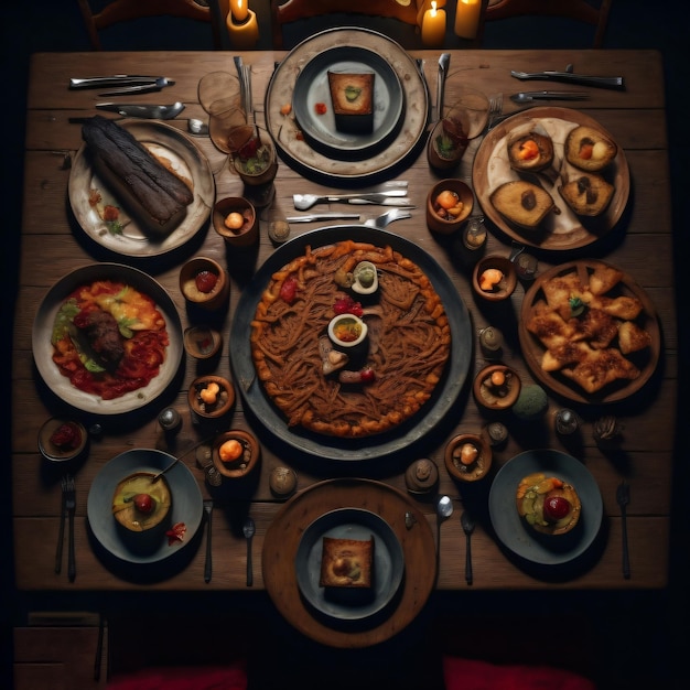 A table full of food including a pizza and a plate of food.