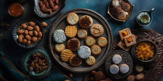 A table full of food including a plate of cookies and a plate of cookies