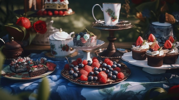 A table full of food including a plate of desserts and a glass of orange juice.