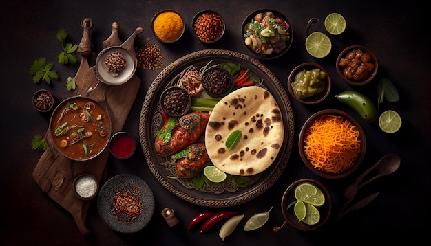 A table full of food including a plate of food and a bowl of different spices