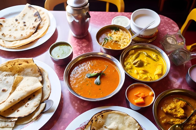 A table full of food including a plate of food and a container of chutney.