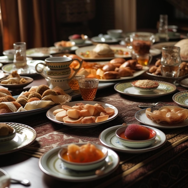 A table full of food including a plate of food and a cup of tea.