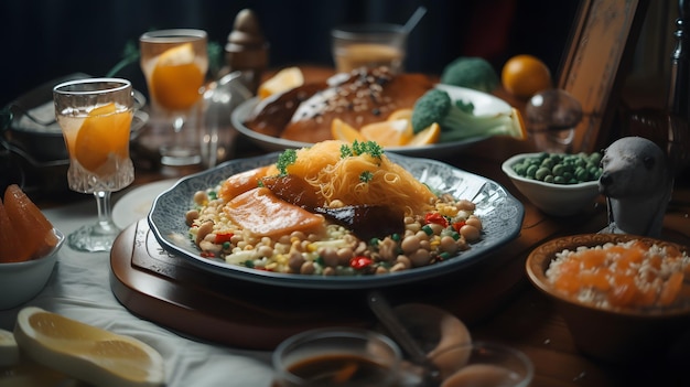 A table full of food including a plate of food with a plate of food on it.