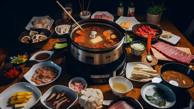 A table full of food including a pot of meat and vegetables.