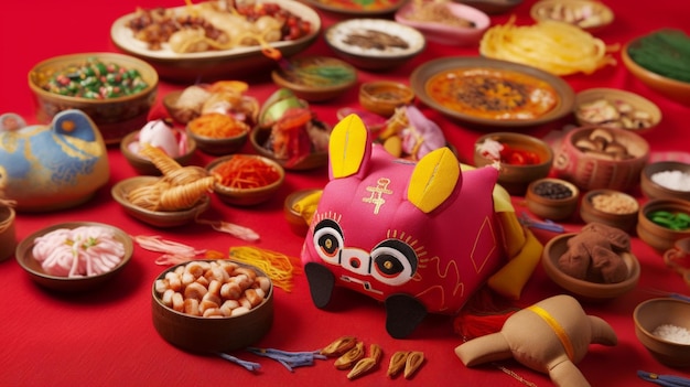 A table full of food including a red pig with the year of the pig on it.