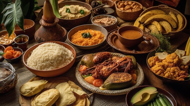 A table full of food including rice, beans, and other foods.