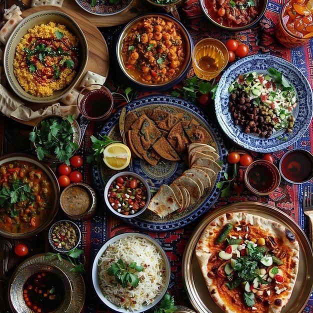 Photo a table full of food including rice beans and rice