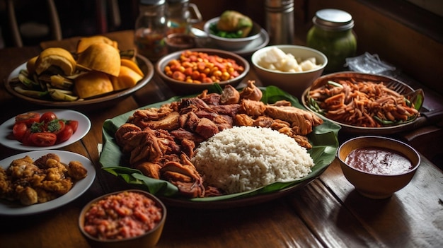 A table full of food including rice, rice, and other dishes.