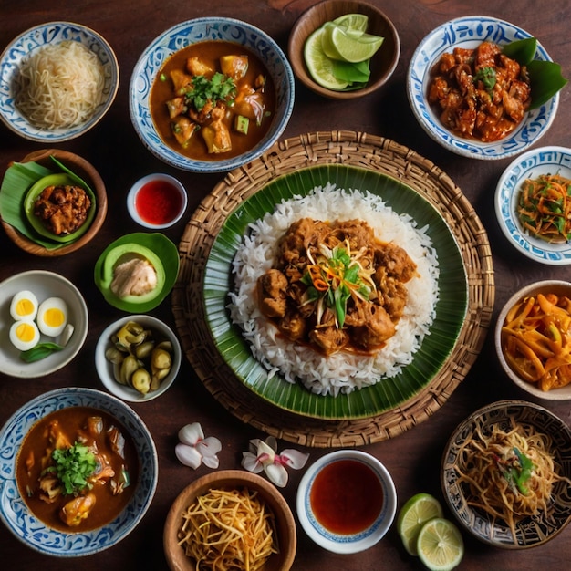 Photo a table full of food including rice rice and rice