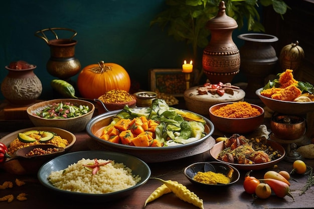 a table full of food including rice, vegetables, and fruits.