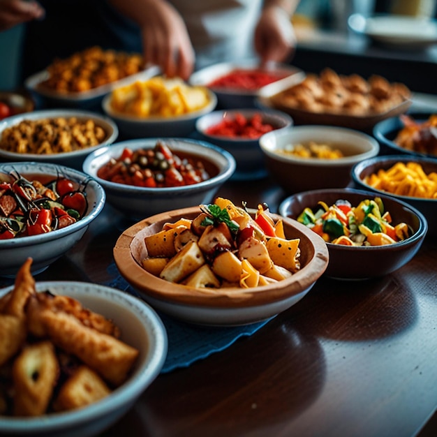 a table full of food including rice vegetables and other dishes