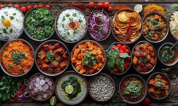 a table full of food including rice vegetables and rice