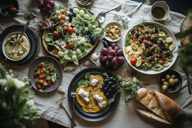 A table full of food including salads, bread, and salads