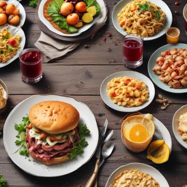 a table full of food including a sandwich macaroni and cheese