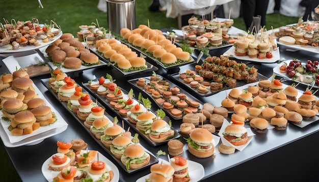 a table full of food including sandwiches salad and salads