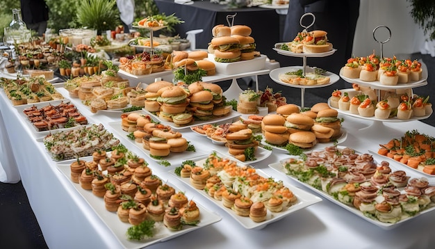 a table full of food including sandwiches and salads