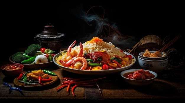 A table full of food including shrimp, shrimp, and other food.