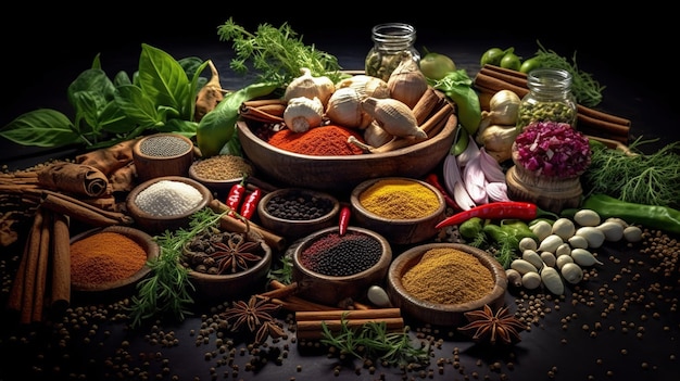 A table full of food including spices and herbs.