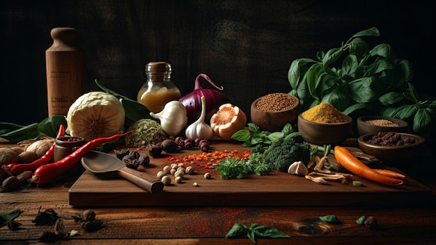 A table full of food including spices and herbs.