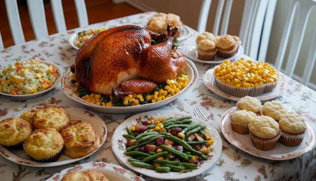 Photo a table full of food including a turkey corn and a turkey