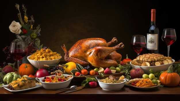 a table full of food including a turkey, grapes, and fruit.