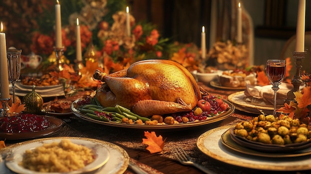 a table full of food including turkey turkey and other dishes