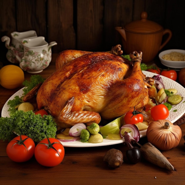 A table full of food including a turkey and vegetables.