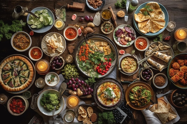 A table full of food including a variety of dishes including chicken, salads, and salads.