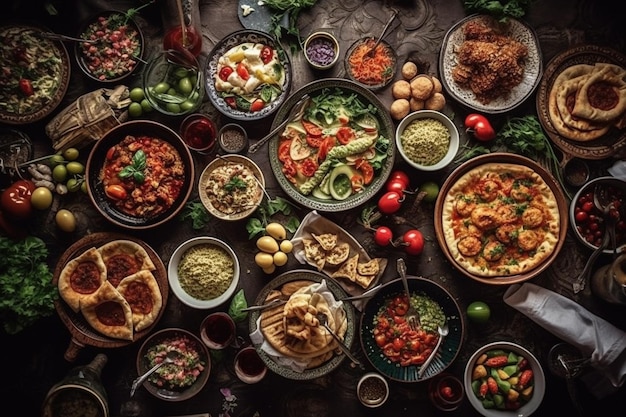 A table full of food including a variety of dishes including food.