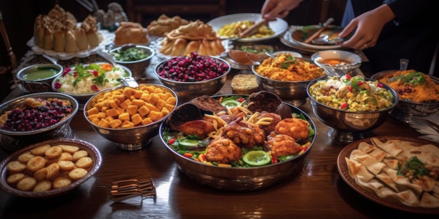 A table full of food including a variety of dishes including meat, vegetables, and other foods.