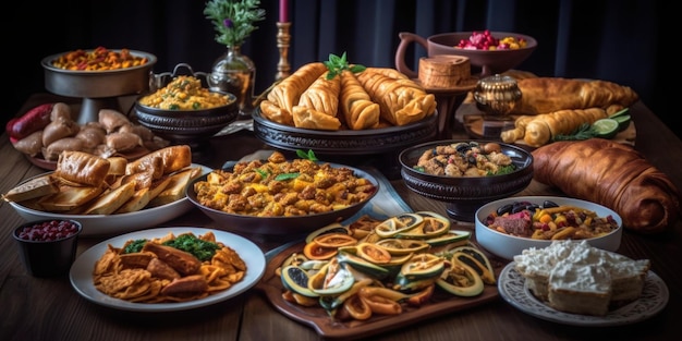 A table full of food including a variety of dishes including one that says 'indian food '