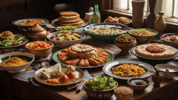 A table full of food including a variety of dishes including turkish food.