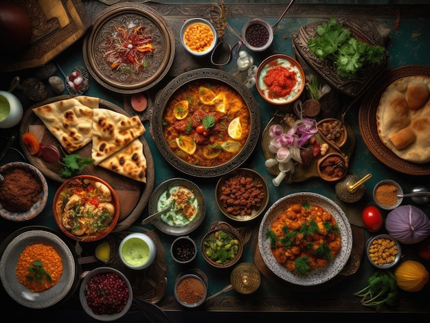 A table full of food including a variety of dishes including a variety of food.