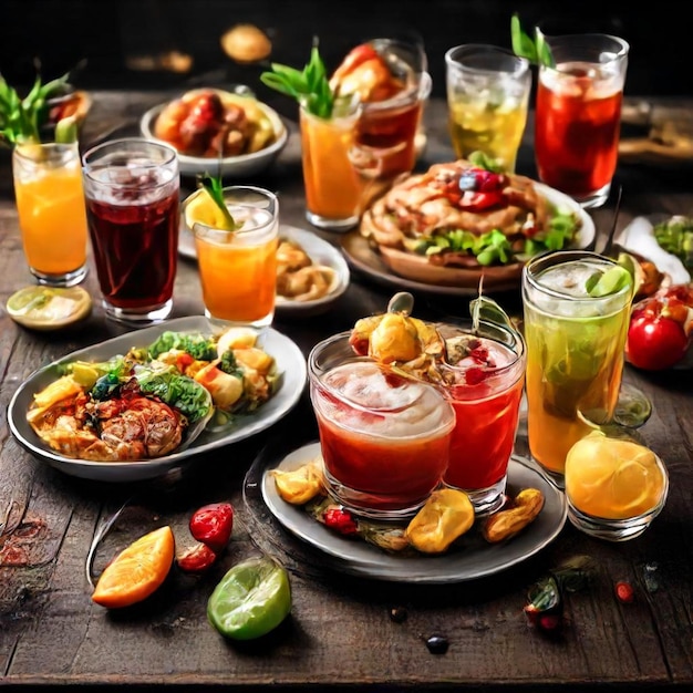 a table full of food including a variety of drinks including lemonade lemon lemon and lemon