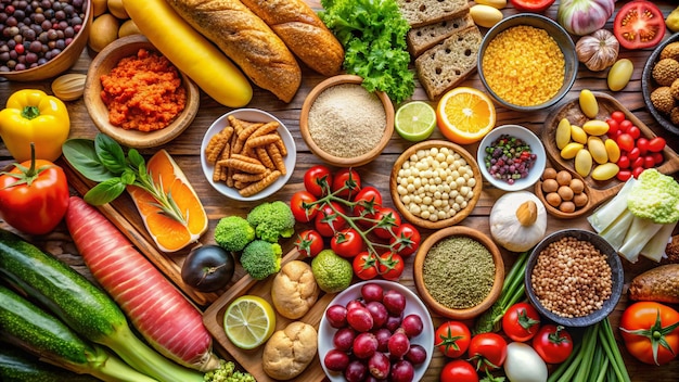 a table full of food including a variety of food including bread tomatoes and other vegetables