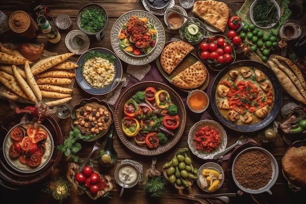 A table full of food including a variety of food including bread, vegetables, and meat.