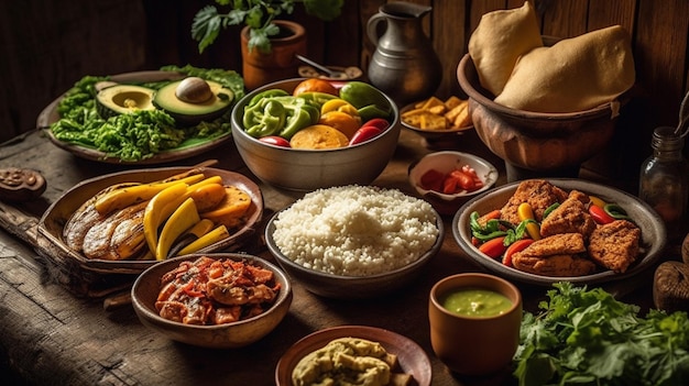 A table full of food including a variety of food including chicken, banana, and banana.