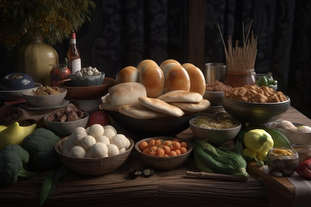 A table full of food including a variety of food including eggs, bread, and cheese.