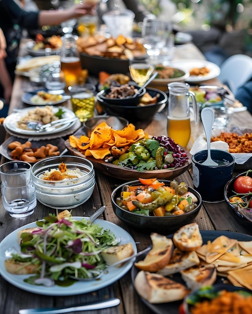 a table full of food including a variety of foods including bread bread and vegetables