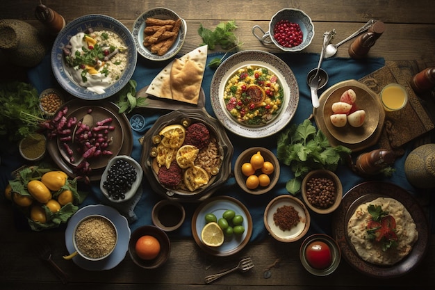 A table full of food including a variety of foods including chickpeas, pistachios, and chickpeas.