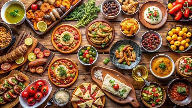 Photo a table full of food including a variety of foods including one that says quot veggie quot